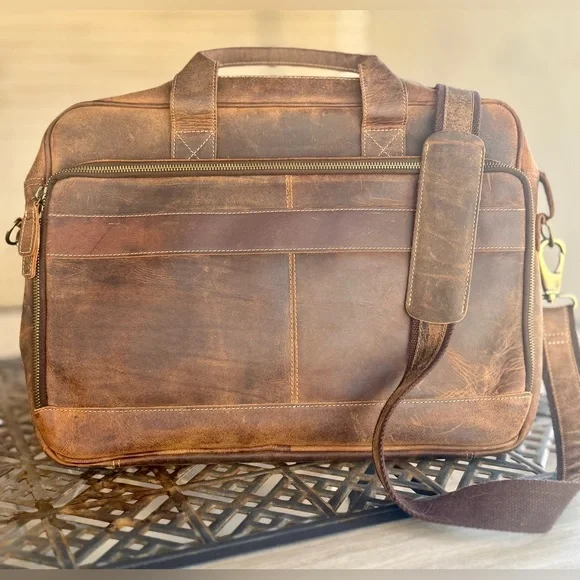 KomalC Leather Messenger Bag 18” Brown Distressed Laptop Bag Briefcase