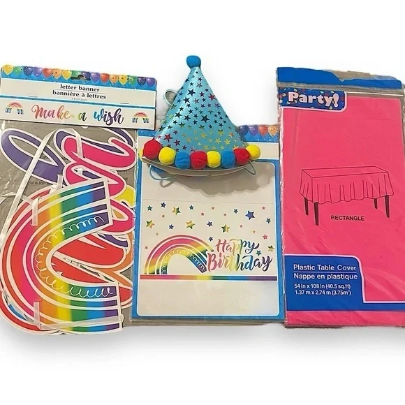 Rainbow party supplies banner table cloth party hat 4pc