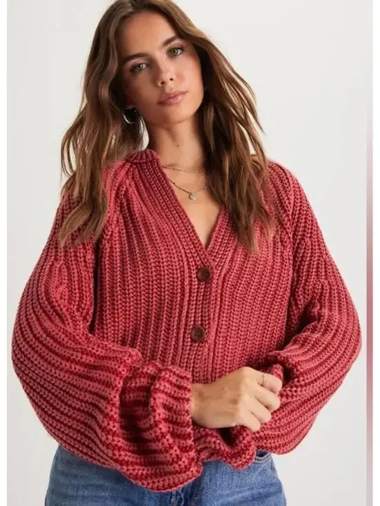 NWOT Free People Cotton Sweet Nothing Chunky Cardigan Sweater Rose Pink cozy L