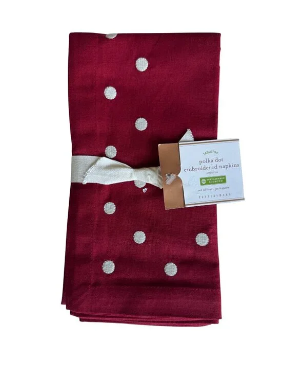 Pottery Barn Polka Dot Embroidered New Set Of Four Red White