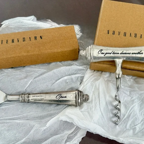 POTTERY BARN Antique Silver script Wine & Bottle Opener Set, NWT