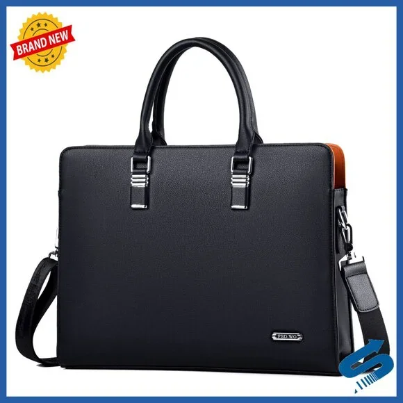 Leather Laptop Briefcase for Men, Padded Shoulder Strap, Multiple Pockets