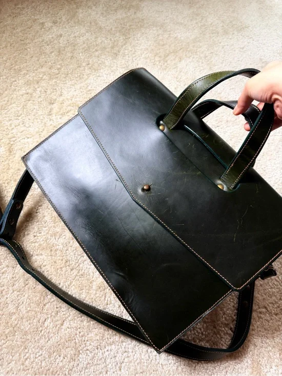 O.N.S. Men's Dark Green Leather Briefcase Bag - Classic Work Satchel