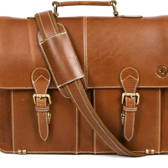 Leather Briefcase Office Bag for Men Padded Laptop Sleeve by 16Inch
