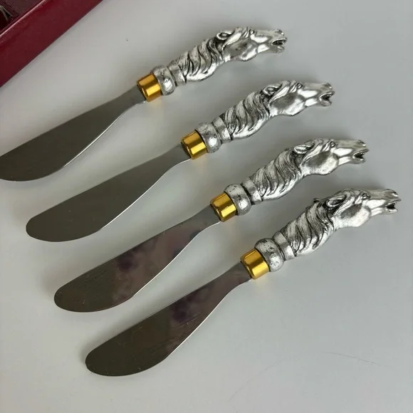 Vintage Horse Head Cheese Spreader Knives/Arthur Court Flatware Box-Set of 4