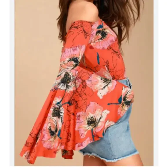 Free People Tropical Floral Print Top Resort Wear Dramatic Bell Sleeves XS