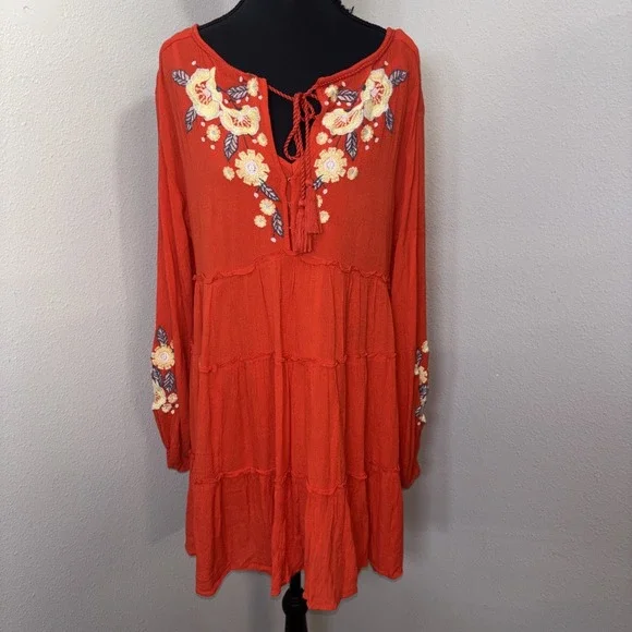 Free People‎ Dress Women's Oversized XS Orange Floral Embroidered Boho Peasant