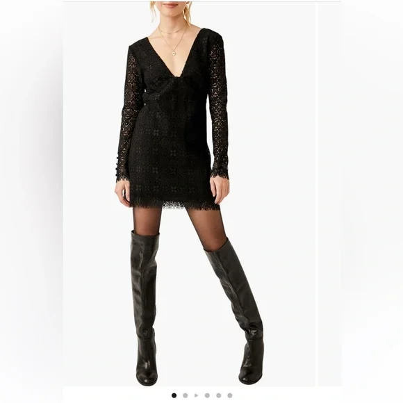Free People Honey Honey Lace Long Sleeve Black Minidress mini dress Size 8‎ NWT