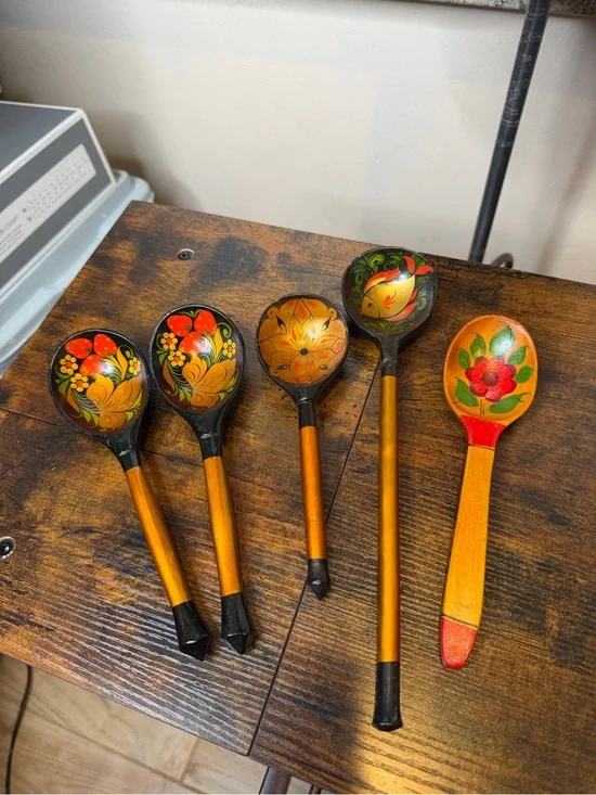 Hand-Painted Black and Gold Wooden Decorative Spoons Set of 5
