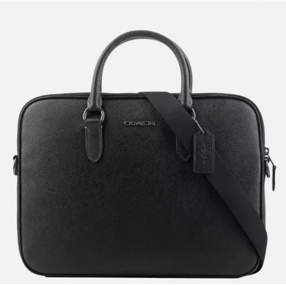 NEW Coach Liam Crossgrain Black Leather Compact Briefcase Small Laptop Bag $450