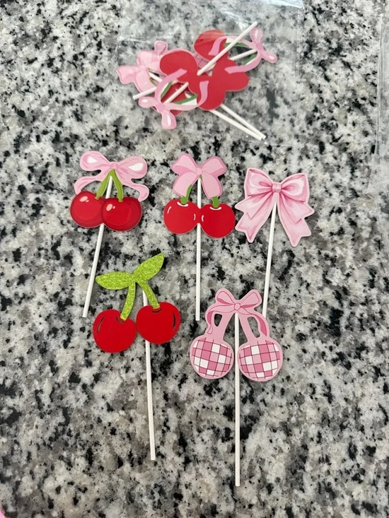 Pink and Red Cherry cupcake Picks - Cute Bow Accent (9)