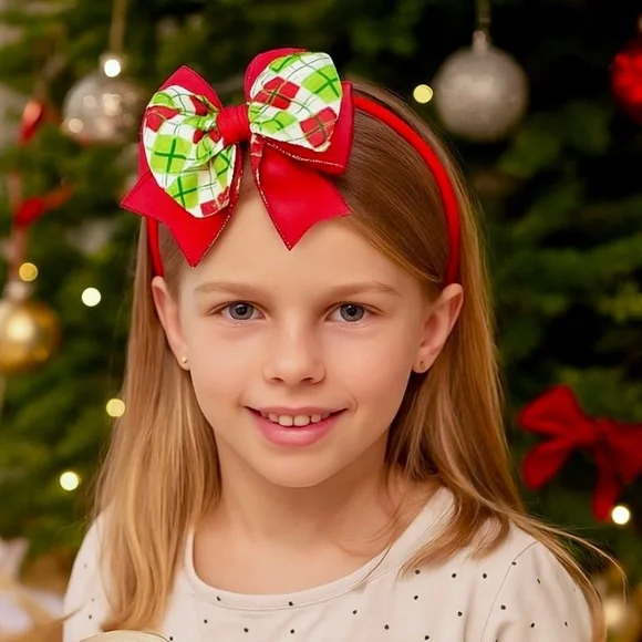 Girls Red‎ & Green Argyle Christmas Bow Headband | Layered Bow Headband