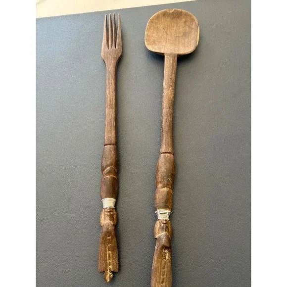 Vintage Hand Carved Wooden Salad Servers Fork Spoon Folk‎ Art Utensil Set