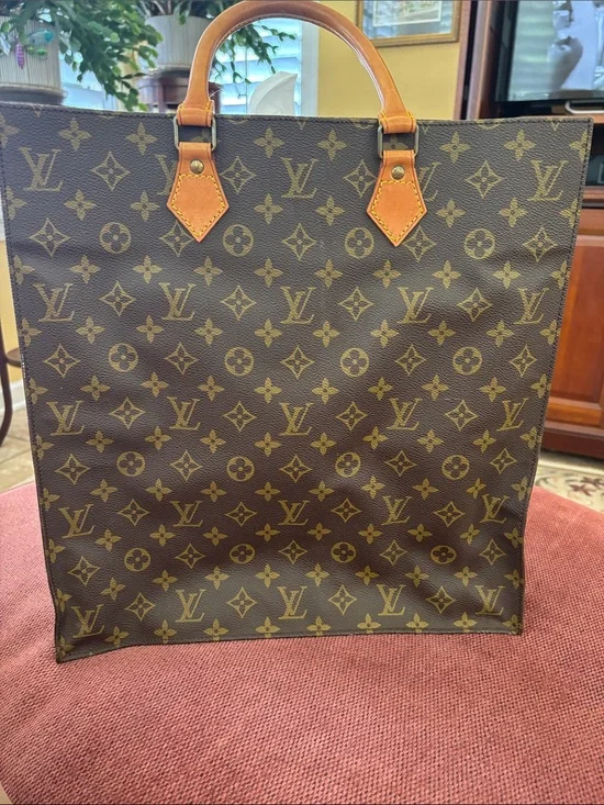 Authentic Louis Vuitton Brown Monogram Canvas Shopper with Tan Leather Handles