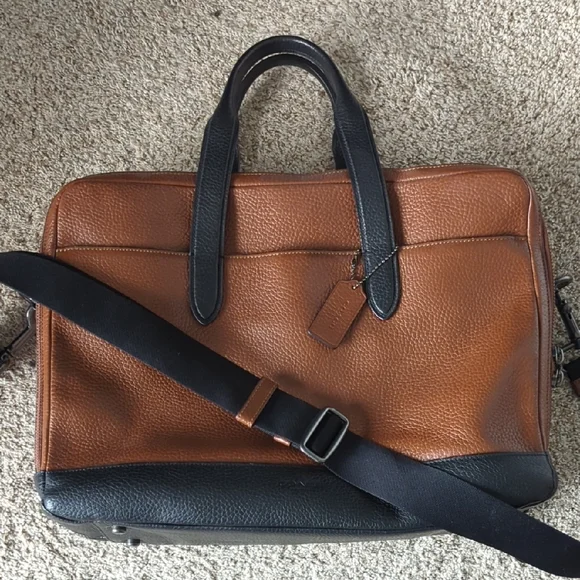 Brown and Black Leather Briefcase with Adjustable Strap