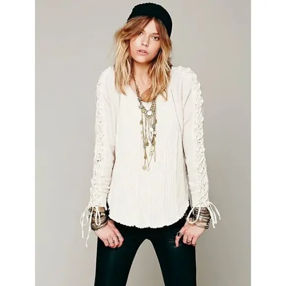 Free People Crosstown Traffic Braided Sleeve Sweater XS Cream Beige RARE