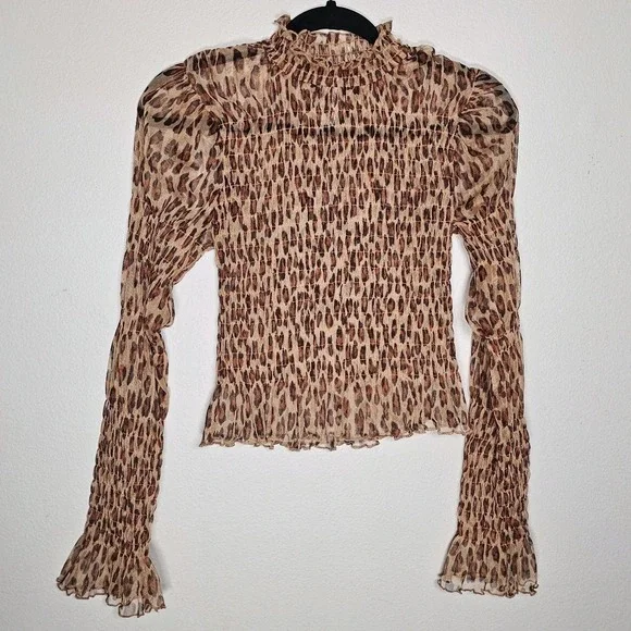 Free People Womens XS Sheer‎ Leopard Top long sleeve animal Print Mesh