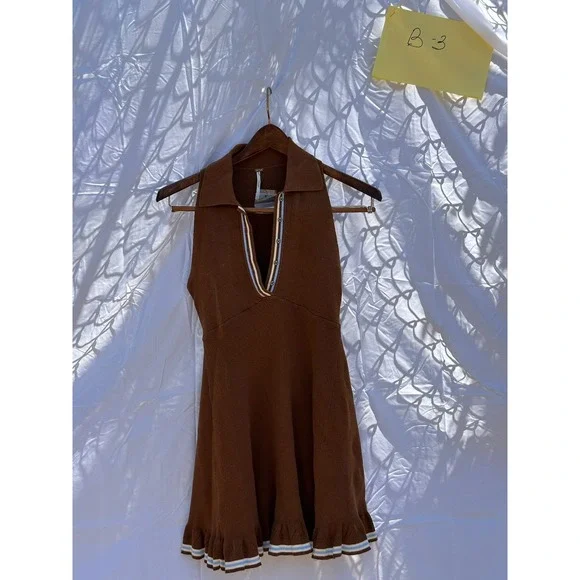 Free People Brown Knit Collared V-Neck Sleeveless Dress Ruffled Hem XS