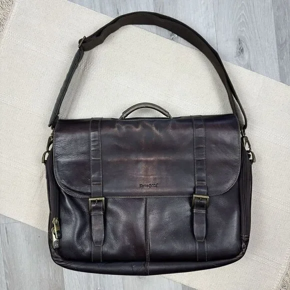 Samsonite Leather Briefcase Laptop Messenger Bag Dark Brown Shoulder Strap