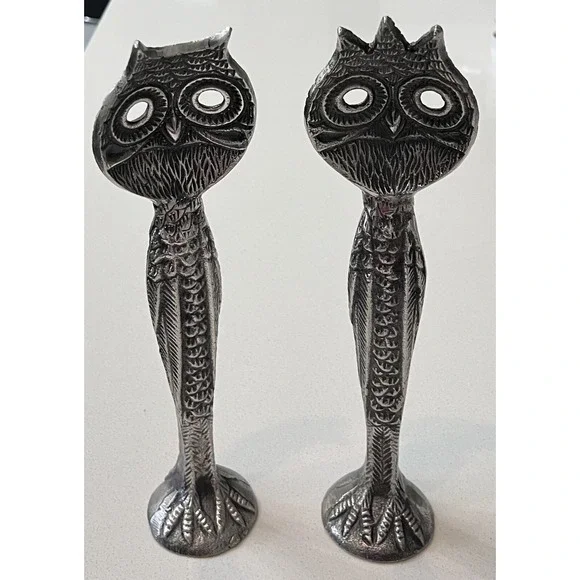 Retired Pottery Barn Metal Owl Salad Serving Utensils Pair‎ RARE