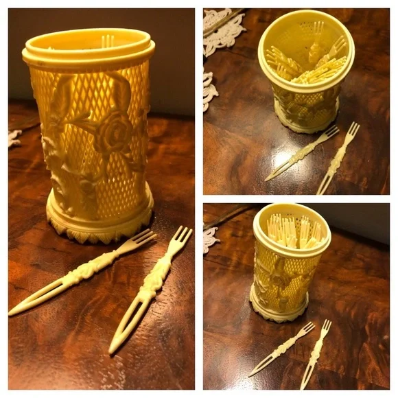 Vintage CELLULOID APPETIZER FORKS & HOLDER