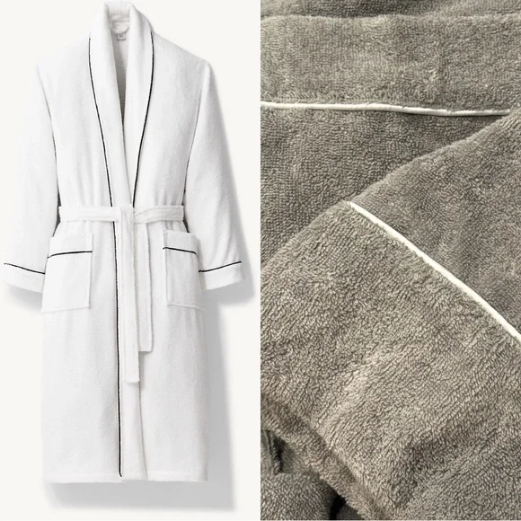 Restoration Hardware 💯 Turkish Cotton Robe Grey/ White piping.Sz: Large