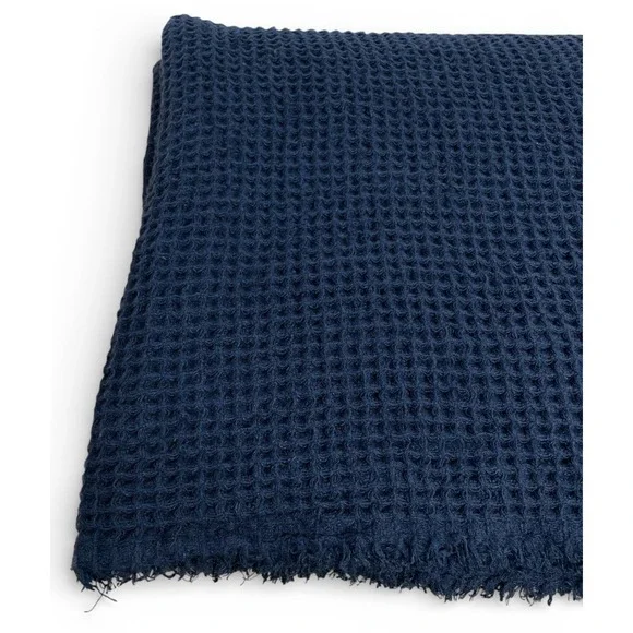 Restoration Hardware Linen Wool Waffle Weave Throw Blanket Navy Blue 98x88