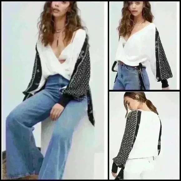 Free People Auxton Thermal Contrast Printed Boho Wrap Tie At Waist Top Size S