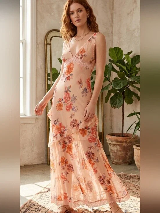 Free People Stay Awhile Sheer Maxi Dress Tiered Ruffle Peach Combo Size Large