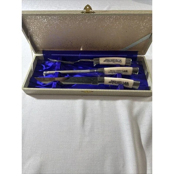Vintage Royal Brand Cutlery 3Pc Carving Set With Faux Snake Skin Case Satin Int.