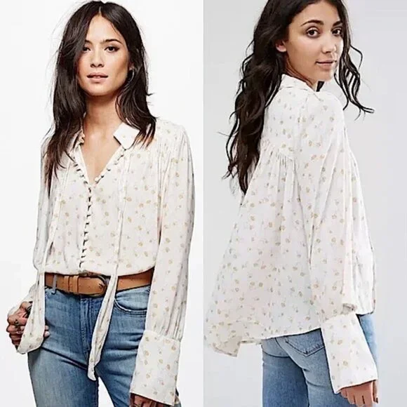 Free People Modern Muse White and Yellow Floral Button Down Blouse High Low Top