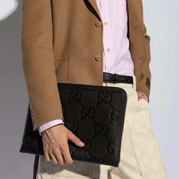 Gucci Black Leather Jumbo GG Briefcase / Laptop Sleeve / Document Case