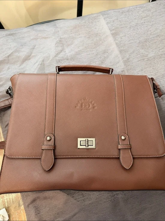 Men's Brown Leather Briefcase with Top Handle and Turn-Lock