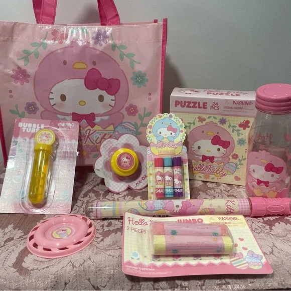 LOT Hello Kitty Pink Easter Bunny Bundle tote bag bubbles puzzle lip balm