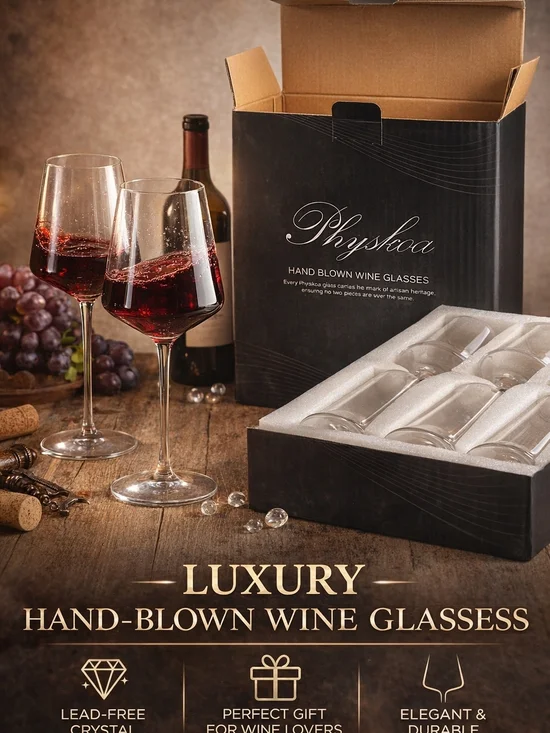 Physkoa Hand Blown Wine Glasses Set of 4 Lead-Free Crystal Elegant Stemware Gift