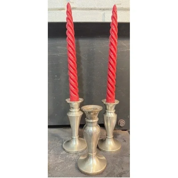 Restoration Hardware Silver Metal Candlestick Holders‎ Set of 3 with Red Candles