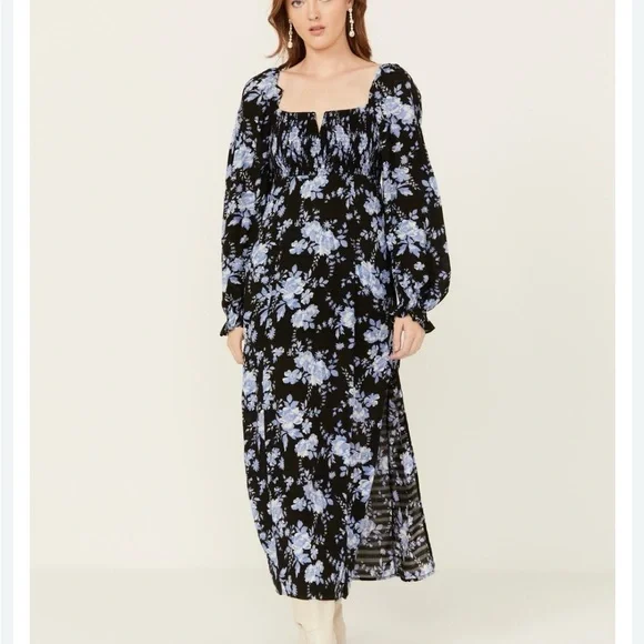 NWT Free People Jaymes Dress Black Blue Floral Smocked Long Sleeve Maxi Boho
