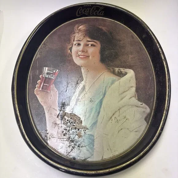 1983 oval Coca-Cola metal serving tray LADY IN BLUE DRESS reproduction 15x 12