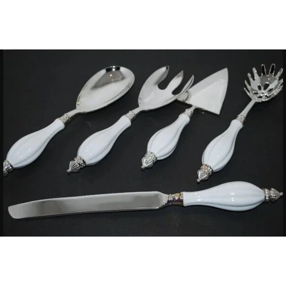 Vintage Godinger Silver Plated White Porcelain Handle Server Utensil 5 Pc. Set