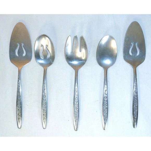 VTG Set of 5 Customcraft Petal Lane Serving Spoons Pie Floral Stainless Taiwan
