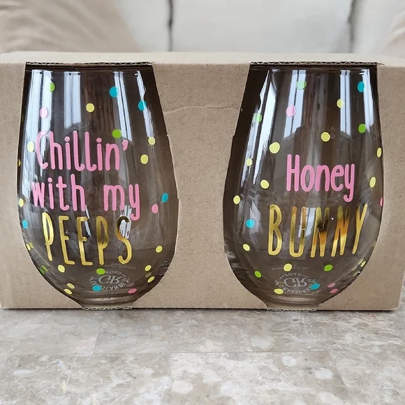 Colorful Polka Dot Stemless Wine Glass Set, great for Easter! 2 glasses, NWOT
