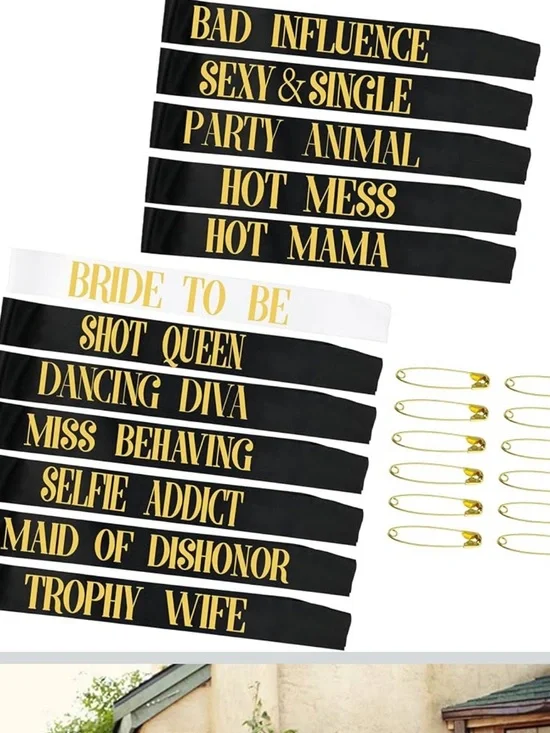 Bridal Party Sash Set in Black, White & Gold - 12 Bachelorette Sashes