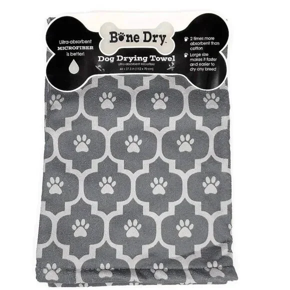 Excello Bone Dry Microfiber Dog Drying Towel - Grey Moroccan Print Pawprints