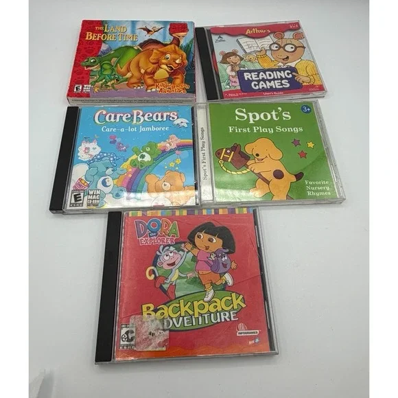 Kids CD ROM Game Lot Dora Care Bears Arthur Land Before Time Spot PC Mac