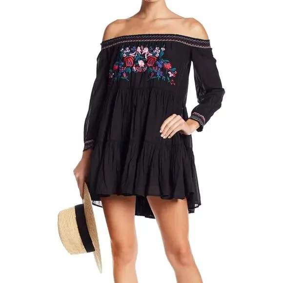 Free People Women's Black Sunbeams Floral Embroidered Off Shoulder Mini Dress XS