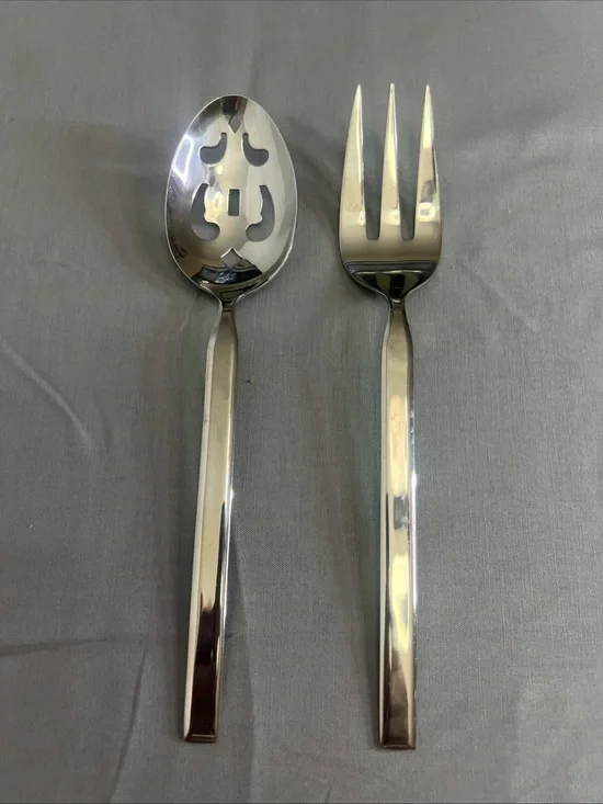 Polished Silver Serving Spoon and Fork Set - Elegant Stainless Serving Utensils