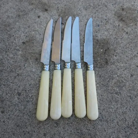 5 Pc Faux Mother Of Pearl Handle Dinner Steak Knives Stainless China Cream Lot