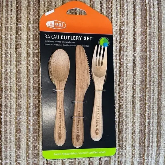 EB GSI Outdoors RAKAU Wooden Cutlery Set for Hiking Work School Lunch Travel