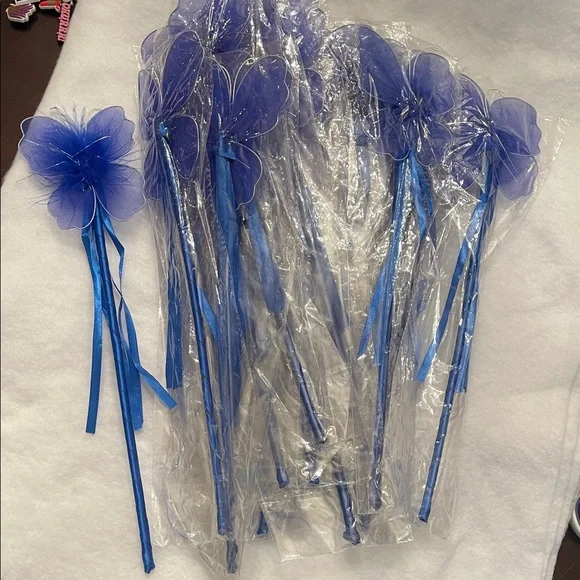 Blue butterfly Fairy Wand Party Favors with Maribou and ribbons set of 16