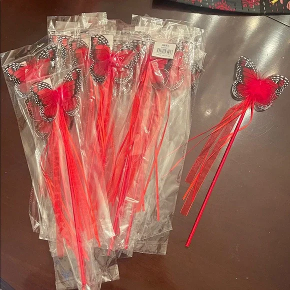 Red butterfly Fairy Wand Party Favors with Maribou and ribbons set of 20